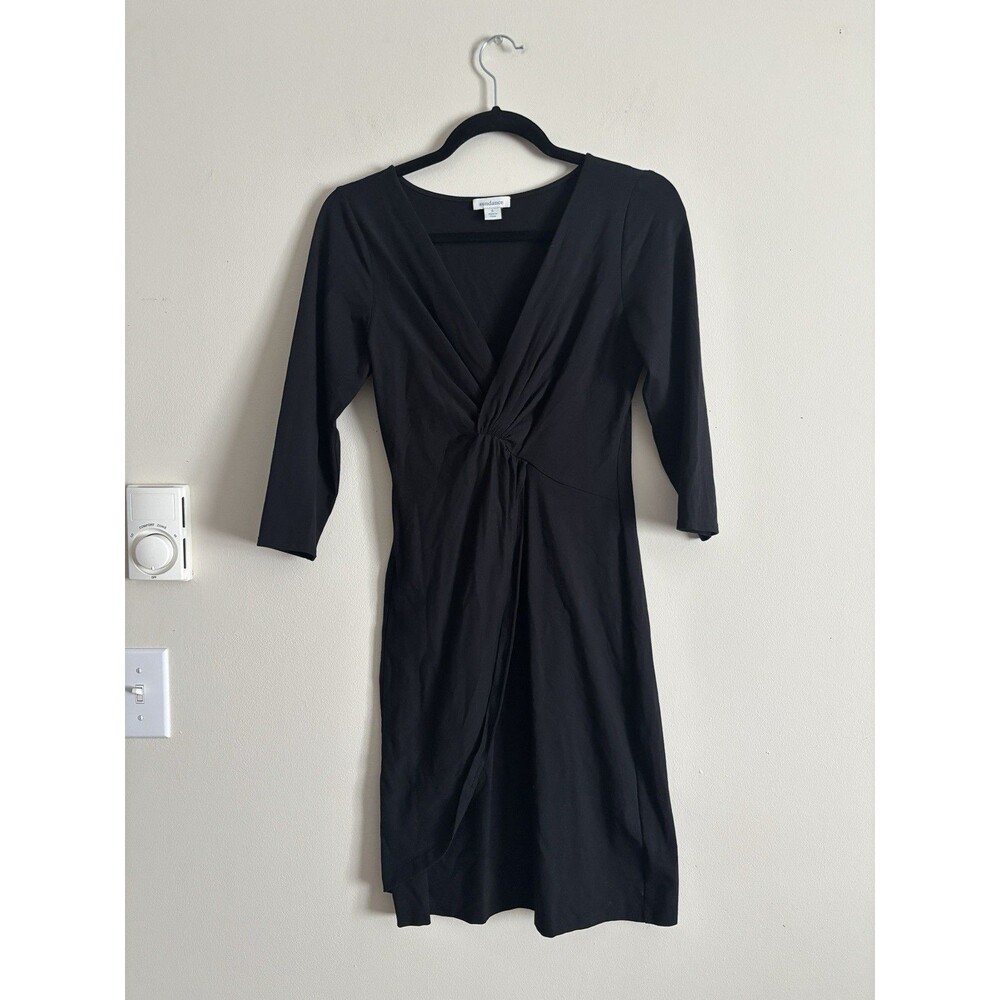Sundance Catalog Solid Black V Neck Ruched Fitted Jersey Dress Size S Faux Wrap